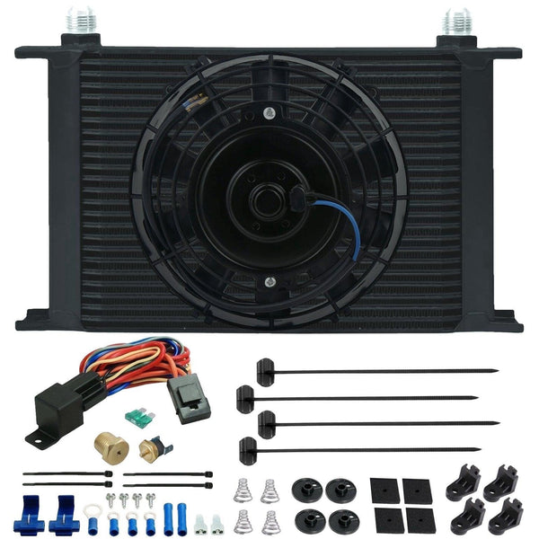 25 Row Engine Transmission Oil Cooler 6" Inch Electric Fan Thread-In Thermostat Switch Kit - American Volt