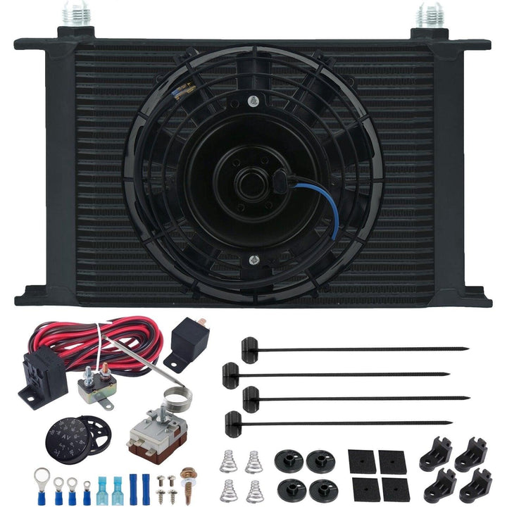 25 Row Engine Transmission Oil Cooler 9" Electric Fan Adjustable Thermostat Controller Switch Kit - American Volt