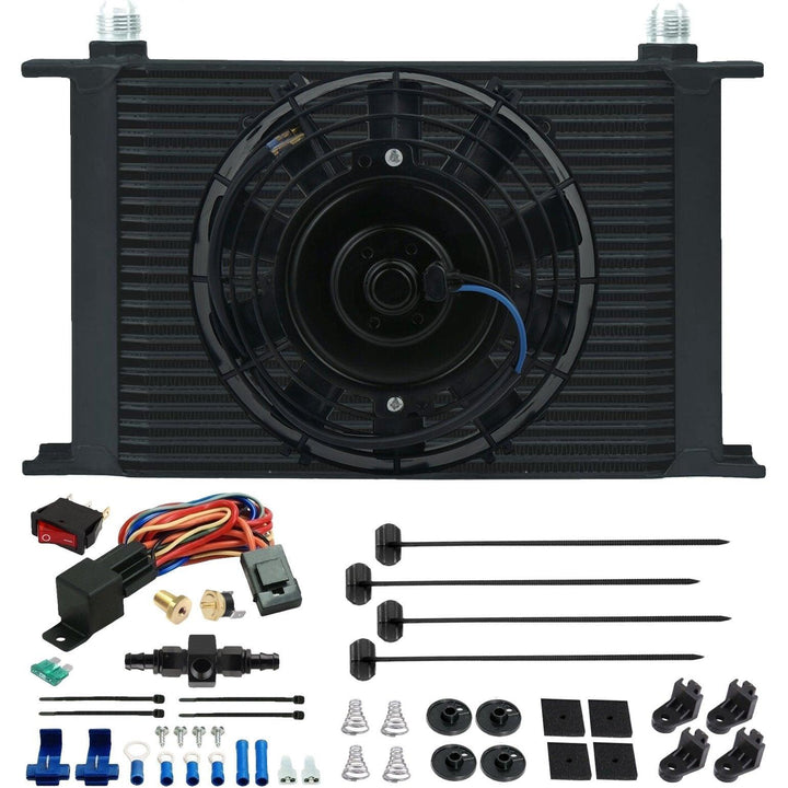 25 Row Engine Transmission Oil Cooler 9" Electric Fan In-Line AN Fitting Thermostat Temp Switch Kit - American Volt