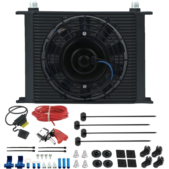 30 Row Engine Transmission Oil Cooler 8" Inch Electric Cooling Fan 12 Volt Red Toggle Switch Wiring Kit - American Volt