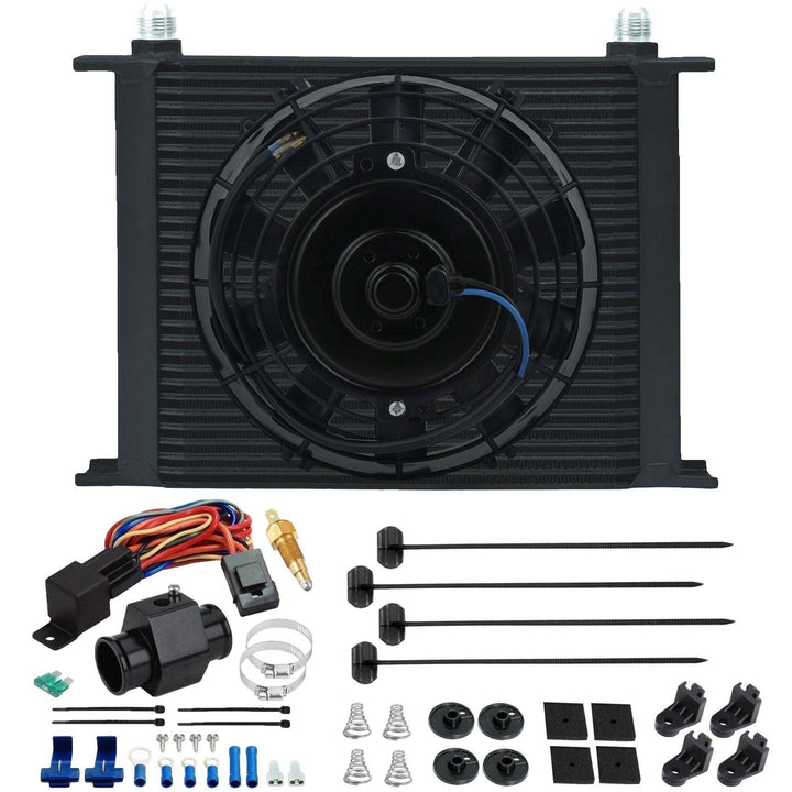 30 Row Engine Transmission Oil Cooler 8" Inch Electric Cooling Fan In-Hose Grounding Temp Switch Kit - American Volt