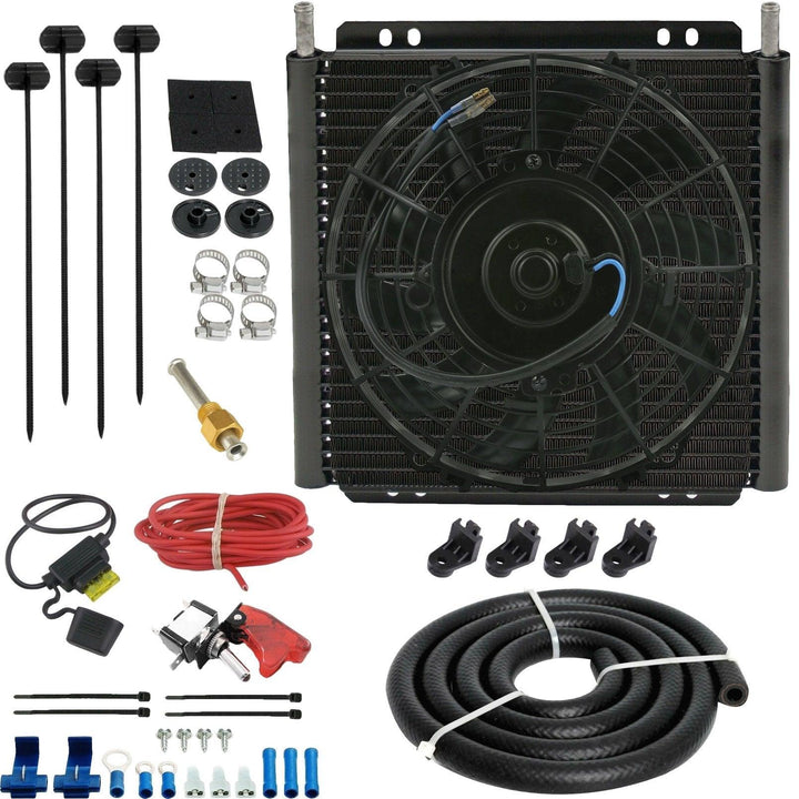 30 Row Engine Transmission Oil Cooler 9 Inch Electric Cooling Fan 12 Volt Red Toggle Switch Wiring Kit - American Volt