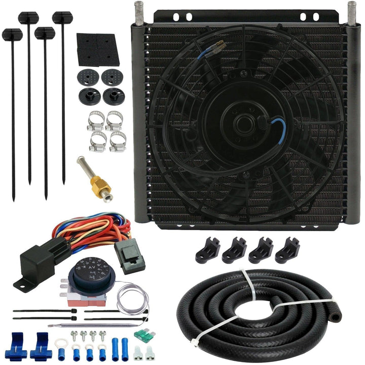 30 Row Engine Transmission Oil Cooler 9 Inch Electric Cooling Fan Adjustable Thermostat Wiring Kit - American Volt