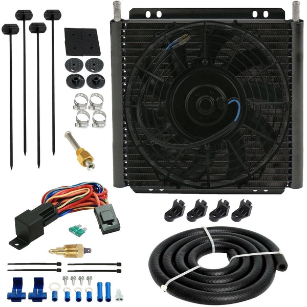 30 Row Engine Transmission Oil Cooler 9 Inch Electric Cooling Fan Ground Thermostat Temp Switch Kit - American Volt