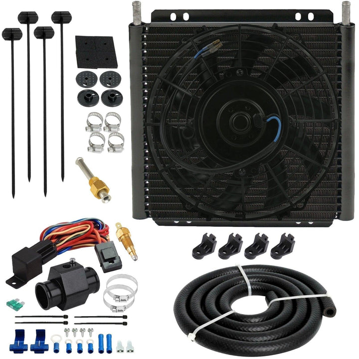 30 Row Engine Transmission Oil Cooler 9 Inch Electric Cooling Fan In-Hose Grounding Temp Switch Kit - American Volt