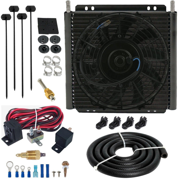 30 Row Engine Transmission Oil Cooler 9 Inch Electric Fan 12 Volt Engine Cooling Thread-In Grounding Thermostat Switch Kit - American Volt