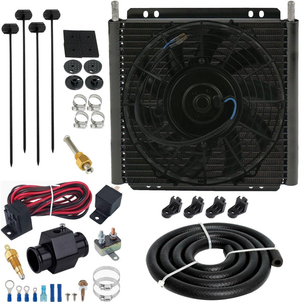 30 Row Engine Transmission Oil Cooler 9 Inch Electric Fan Hose In-Line Ground Temperature Switch Kit - American Volt