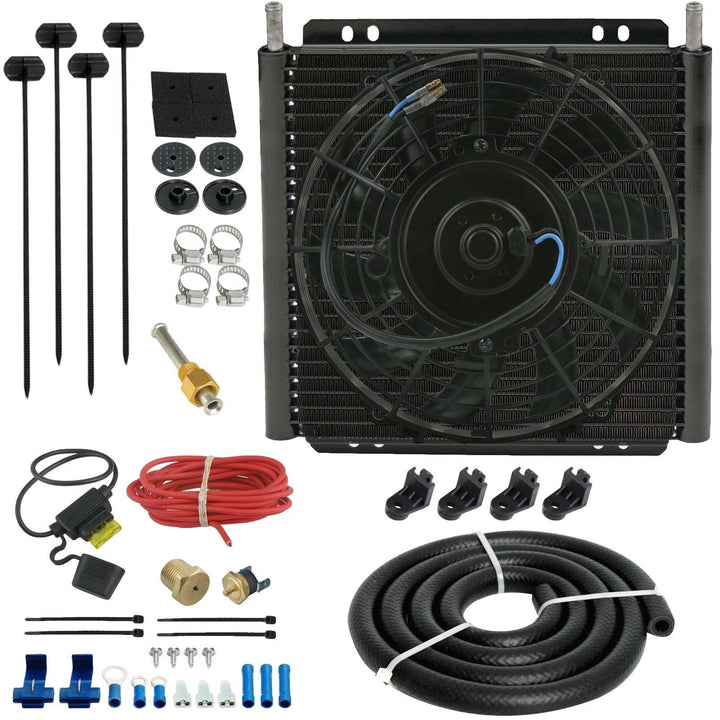 30 Row Engine Transmission Oil Cooler 9 Inch Electric Fan Thermostat Temperature Switch In-Line Wire Kit - American Volt