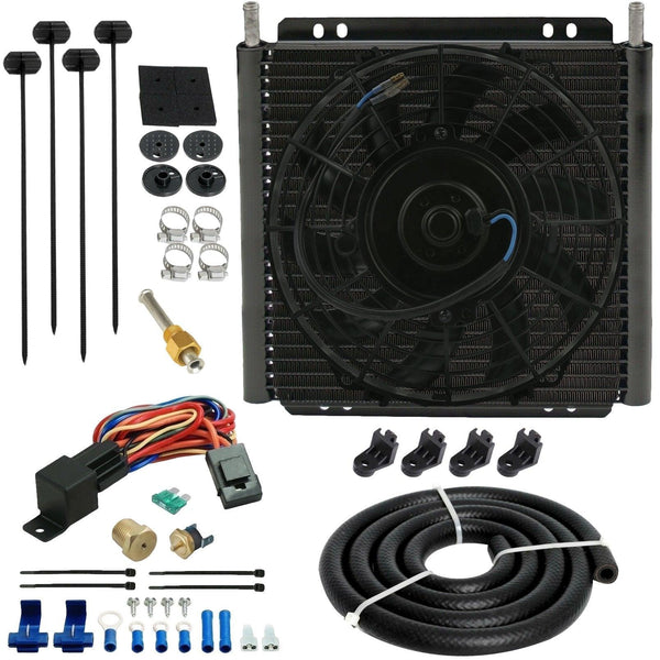 30 Row Engine Transmission Oil Cooler 9 Inch Electric Fan Thread-In Thermostat Switch Kit - American Volt