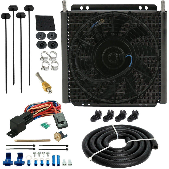 30 Row Engine Transmission Oil Cooler 9 Inch Radiator Electric Cooling Fan Fin Probe Thermostat Kit - American Volt