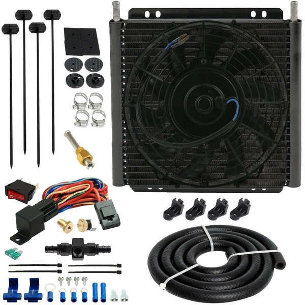 30 Row Engine Transmission Oil Cooler Electric Fan In-Line Hose Thermostat Sensor Switch Kit - American Volt