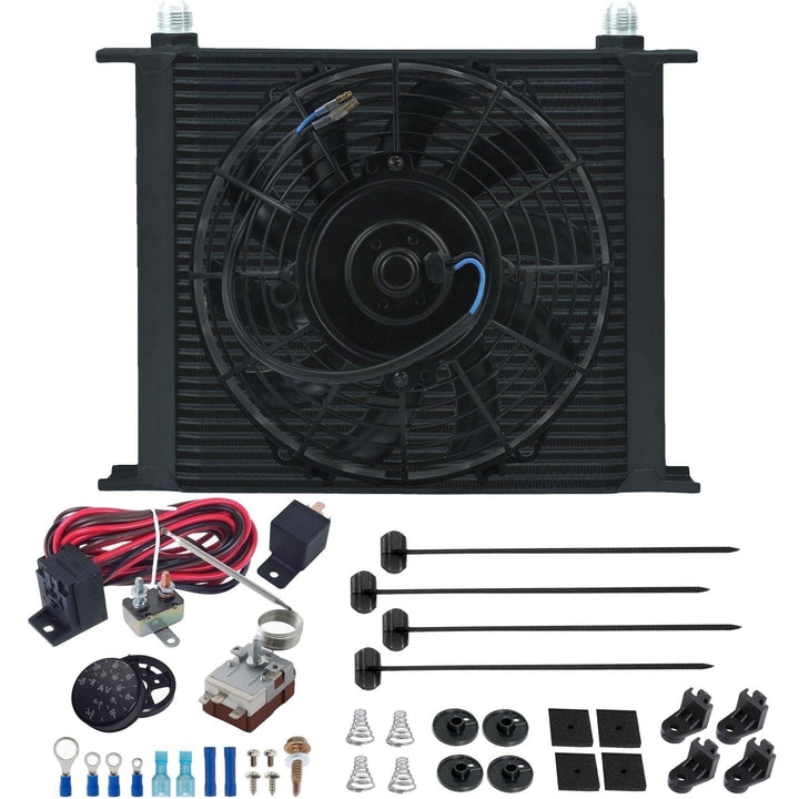 34 Row Engine Transmission Oil Cooler 9" Electric Fan Adjustable Thermostat Controller Switch Kit - American Volt