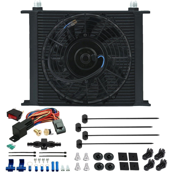 34 Row Engine Transmission Oil Cooler 9" Electric Fan In-Line AN Fitting Thermostat Temp Switch Kit - American Volt