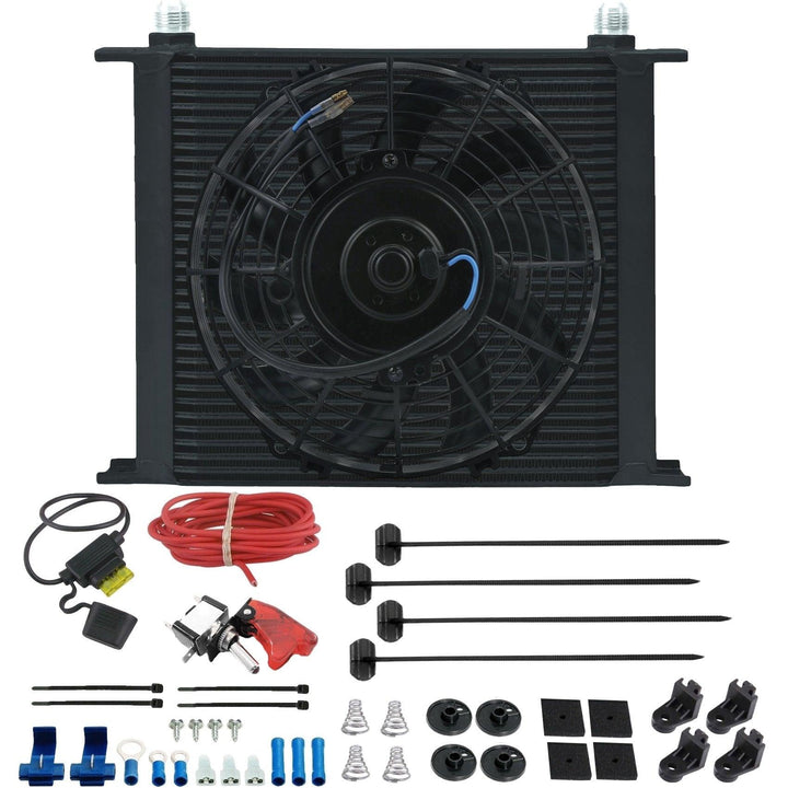 34 Row Engine Transmission Oil Cooler 9" Inch Electric Cooling Fan 12 Volt Red Toggle Switch Wiring Kit - American Volt