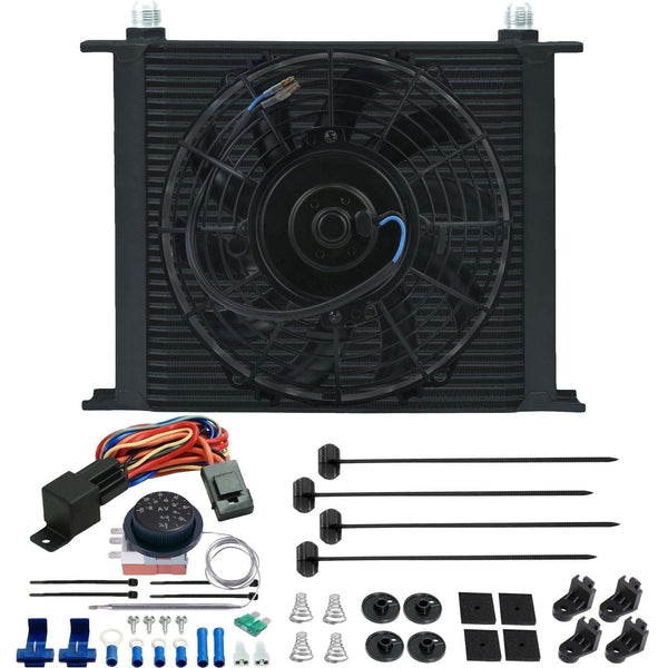 34 Row Engine Transmission Oil Cooler 9" Inch Electric Cooling Fan Adjustable Thermostat Wiring Kit - American Volt