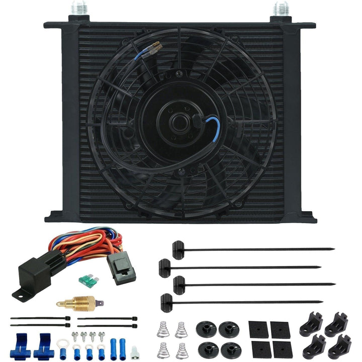 34 Row Engine Transmission Oil Cooler 9" Inch Electric Cooling Fan Ground Thermostat Temp Switch Kit - American Volt