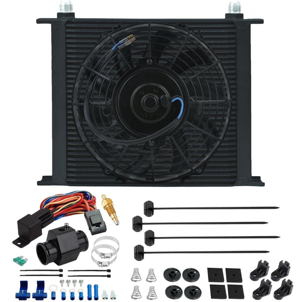 34 Row Engine Transmission Oil Cooler 9" Inch Electric Cooling Fan In-Hose Grounding Temp Switch Kit - American Volt