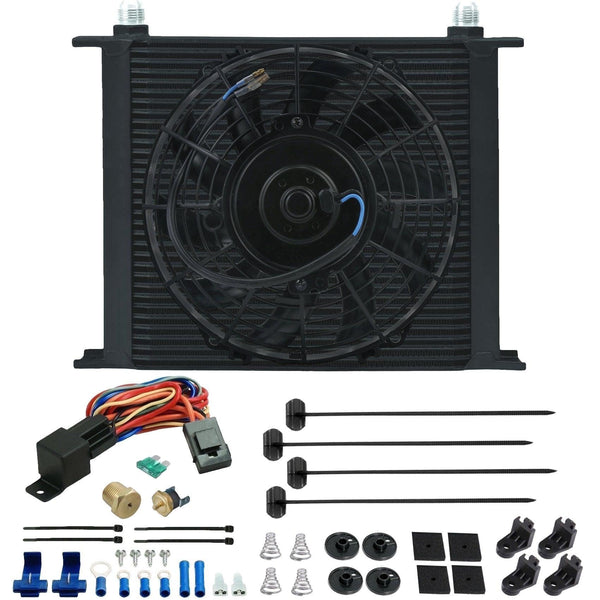 34 Row Engine Transmission Oil Cooler 9" Inch Electric Fan Thread-In Thermostat Switch Kit - American Volt
