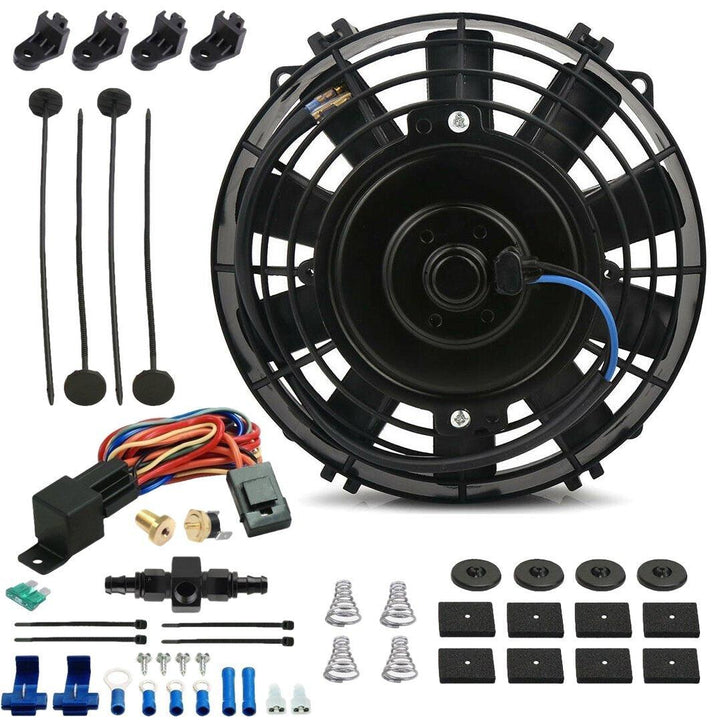 6" Inch Electric Engine Radiator Cooling Fan In-Line AN Hose Fitting Thermostat Temperature Switch Wire Kit - American Volt