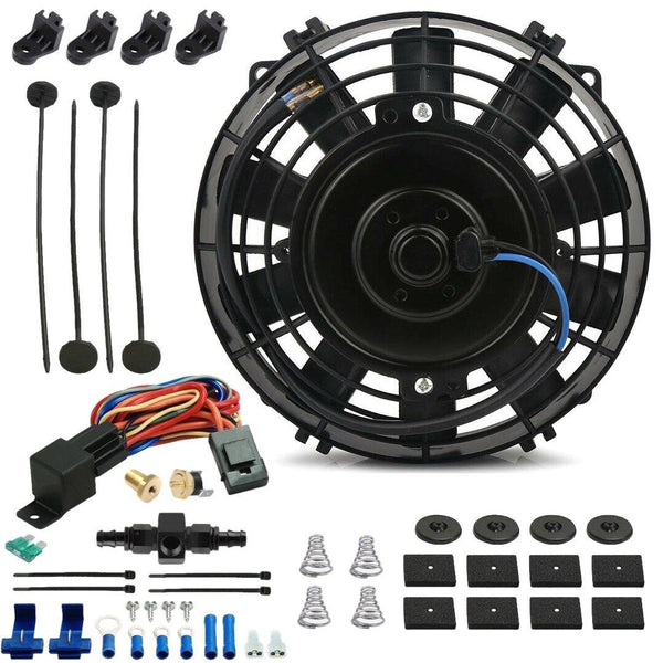 7-8" Inch Electric Engine Radiator Cooling Fan In-Line AN Hose Fitting Thermostat Temperature Switch Wire Kit - American Volt