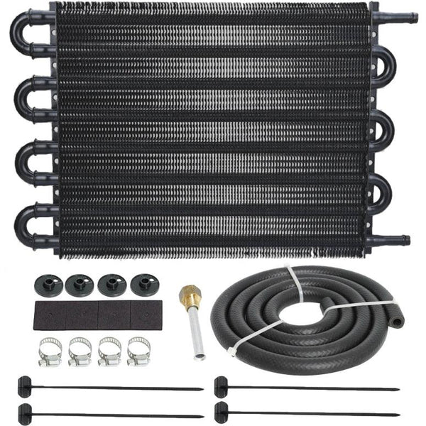 8 Pass Black Aluminum Medium Duty Towing Engine Transmission Oil Cooler 3/8" Hose Lines Kit - American Volt