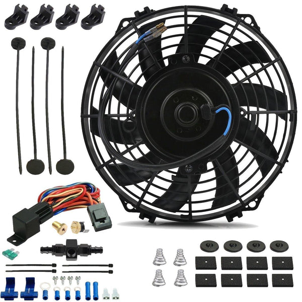 9" Inch Electric Engine Radiator Cooling Fan In-Line AN Hose Fitting Thermostat Temperature Switch Wire Kit - American Volt