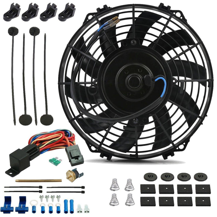9" Inch Engine Radiator Electric Cooling Fan Cooler Fin Probe Thermostat Temperature Switch Kit - American Volt