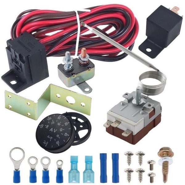 Automotive Electric Engine Fan Adjustable Dial 32'F-248'F Thermostat Relay Complete Wiring Switch Kit - American Volt