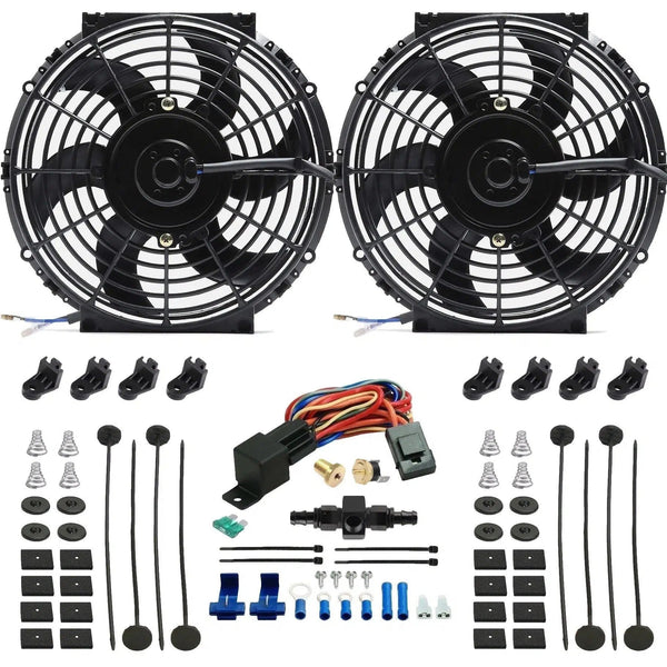 Dual 10-11" Inch Electric Engine Radiator Cooling Fans In-Hose AN Fitting Thermostat Temp Switch Kit - American Volt