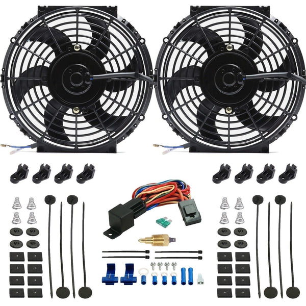 Dual 10-11" Inch Electric Car Truck Radiator Cooling Fans Thermostat Ground Switch Wiring Kit - American Volt