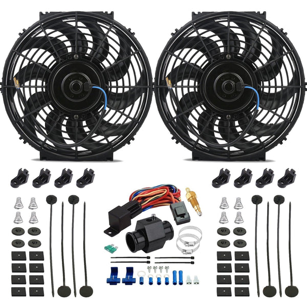 Dual 12-13" Inch Electric Cooling Fans Radiator Hose In-Line Ground Thermostat Temp Switch Wiring Kit - American Volt