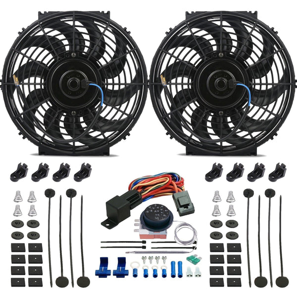 Dual 12-13" Inch Electric Radiator Cooling Fans Adjustable Thermostat Temp Controller Kit - American Volt