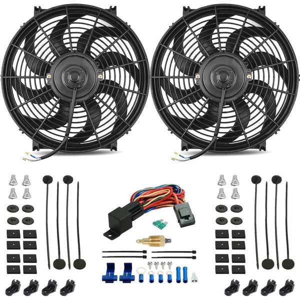 Dual 14-15" Inch 130w Motor High CFM Electric Cooling Fan Ground Thermostat Switch Wiring Kit - American Volt