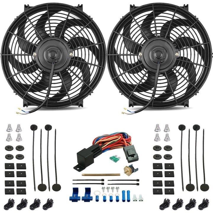 Dual 14-15" Inch Electric Car Truck Radiator Cooling Fans Push-In Fin Probe Thermostat Temp Switch Kit - American Volt