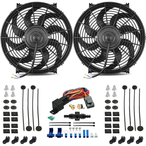 Dual 14-15" Inch Electric Engine Radiator Cooling Fans In-Hose AN Fitting Thermostat Temp Switch Kit - American Volt