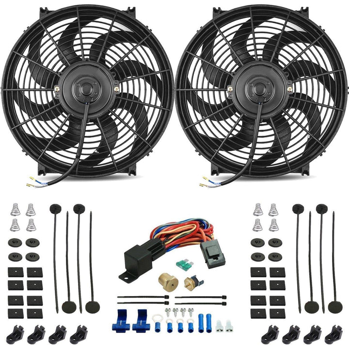 Dual 14-15" Inch Electric Radiator Cooling Fans NPT Thread-In Thermostat Controller Switch Wiring Kit - American Volt