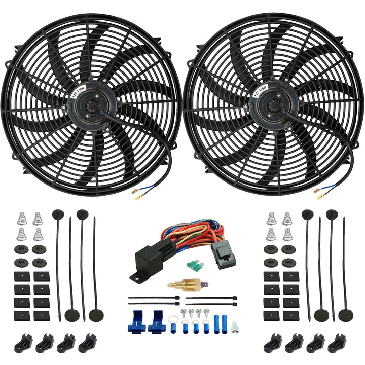 Dual 16-17" Inch 130w Electric Radiator Cooling Fans Grounding Thermostat Temp Switch Wiring Kit - American Volt