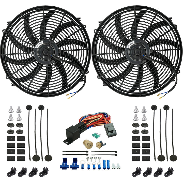 Dual 16-17" Inch 130w Electric Radiator Cooling Fans Thermostat Temperature Switch Wire Kit - American Volt