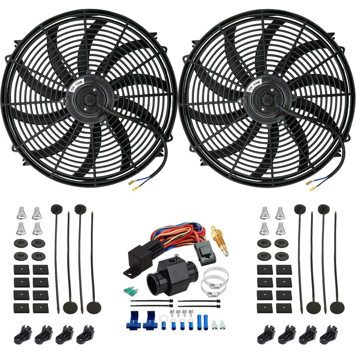 Dual 16-17" Inch Electric Cooling Fans Radiator Hose In-Line Ground Thermostat Temp Switch Wiring Kit - American Volt