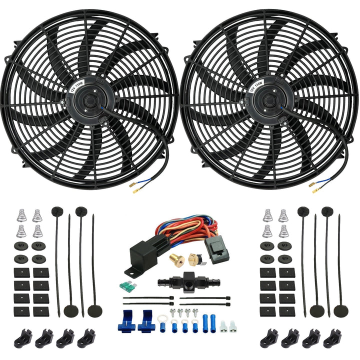 Dual 16-17" Inch Electric Engine Radiator Cooling Fans In-Hose AN Fitting Thermostat Temp Switch Kit - American Volt