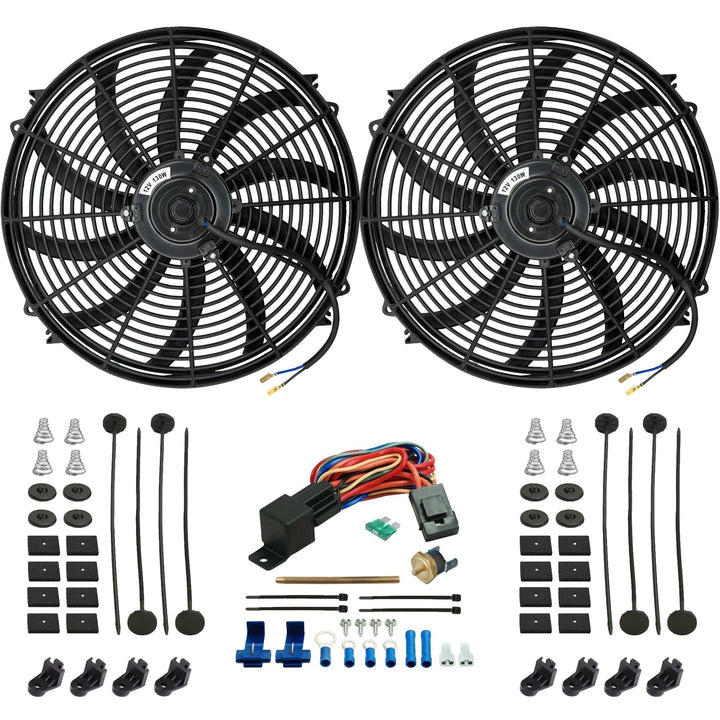 Dual 16-17" Inch Electric Radiator Condenser Cooling Fans Push-In Probe Thermostat Switch Wiring Kit - American Volt