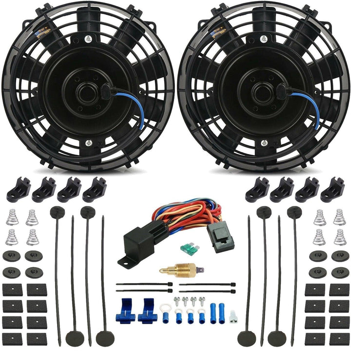 Dual 6" Inch 12 Volt Small Electric Engine Transmission Oil Cooler Fans Ground Thermostat Switch Kit - American Volt