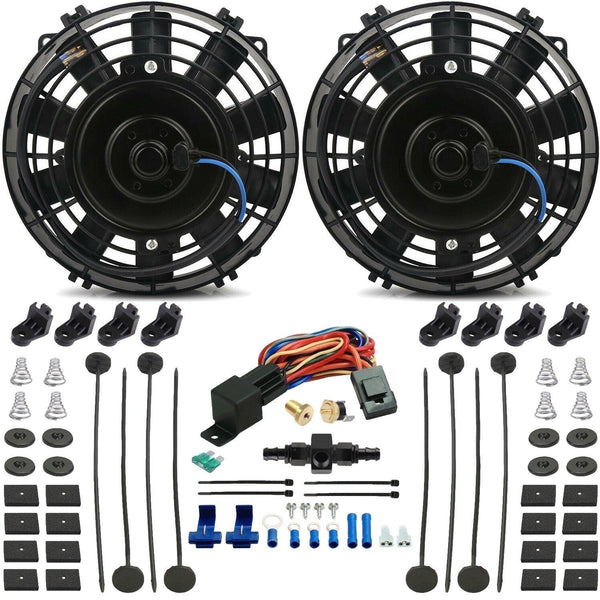 Dual 6" Inch Electric Engine Radiator Cooling Fans In-Hose AN Fitting Thermostat Temp Switch Kit - American Volt