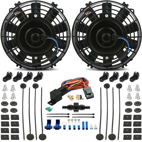 Dual 7-8" Inch Electric Engine Radiator Cooling Fans In-Hose AN Fitting Thermostat Temp Switch Kit - American Volt