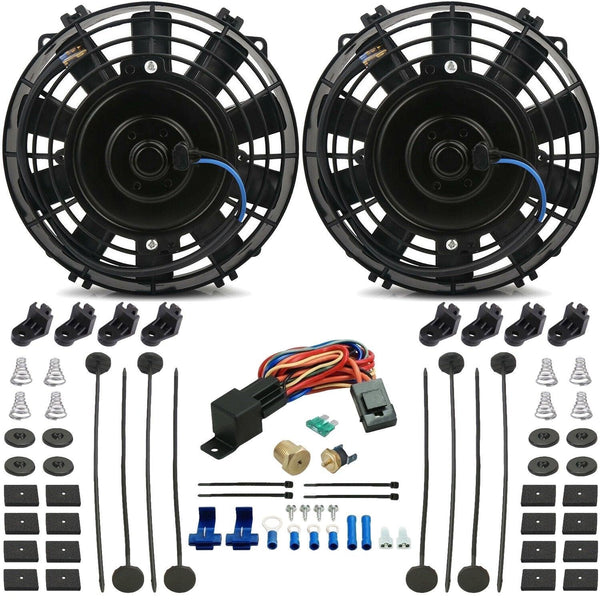 Dual 7-8" Inch Slim Engine 12 Volt Electric Fans 90w Motor Thermostat Temperature Switch Kit - American Volt