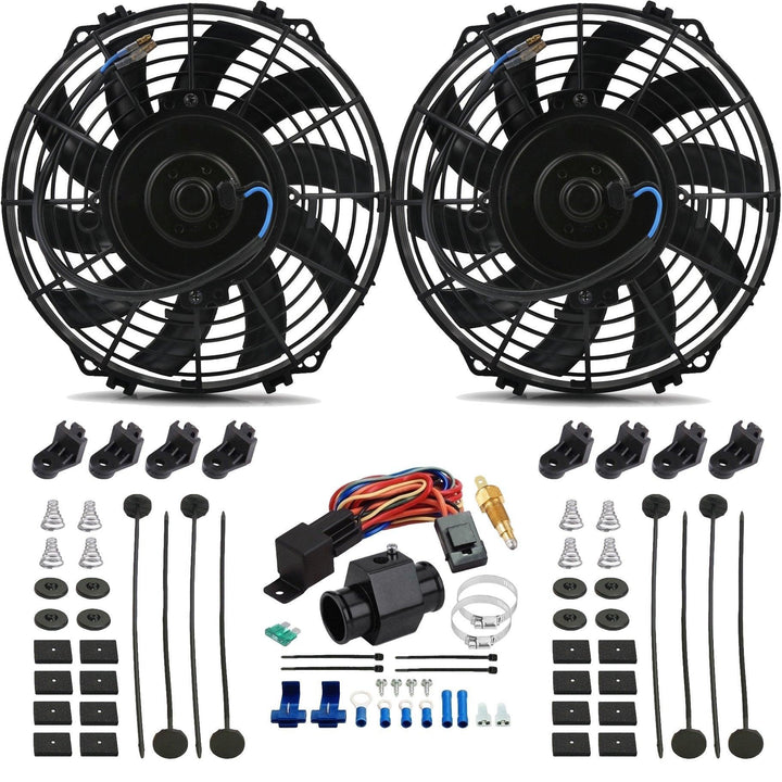Dual 9" Inch Electric Cooling Fans Radiator Hose In-Line Ground Thermostat Temp Switch Wiring Kit - American Volt
