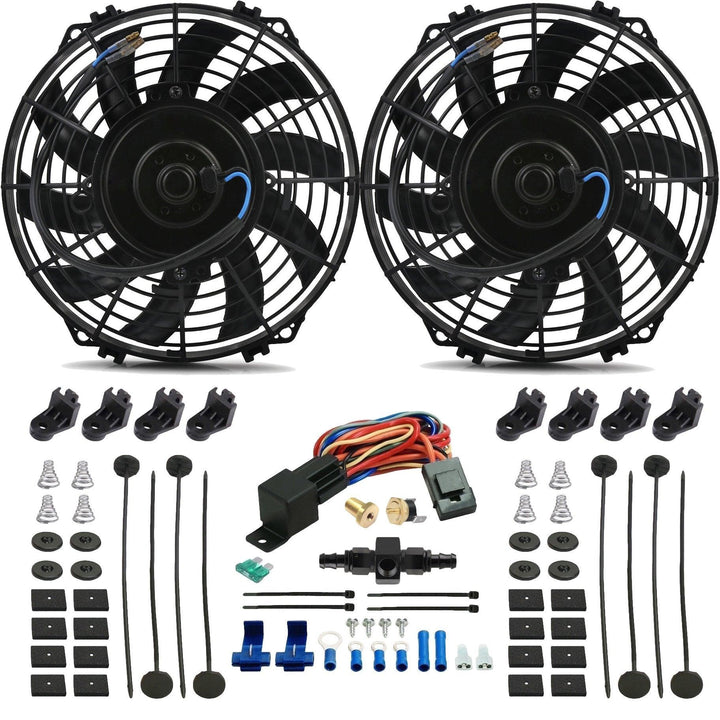 Dual 9" Inch Electric Engine Radiator Cooling Fans In-Hose AN Fitting Thermostat Temp Switch Kit - American Volt