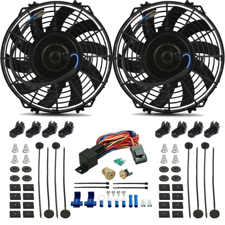 Dual 9" Inch Electric Radiator Cooling Fans Temperature Probe Threaded Thermostat Switch Kit - American Volt