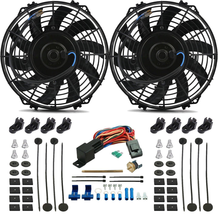 Dual 9" Inch Electric Radiator Engine Cooling Fans Push-In Fin Probe Thermostat Temp Switch Kit - American Volt