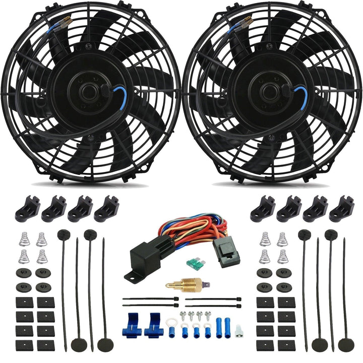 Dual 9" Inch Slim Electric Radiator Cooler Fans NPT Thread-In Ground Thermostat Switch Wiring Kit - American Volt